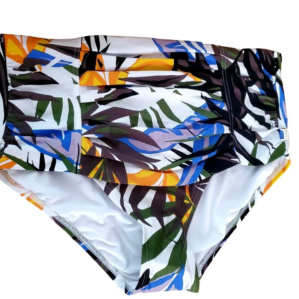 New Calvin Klein Med Bikini Bottom Rainforest Palm Pleated High-Rise Swimsuit